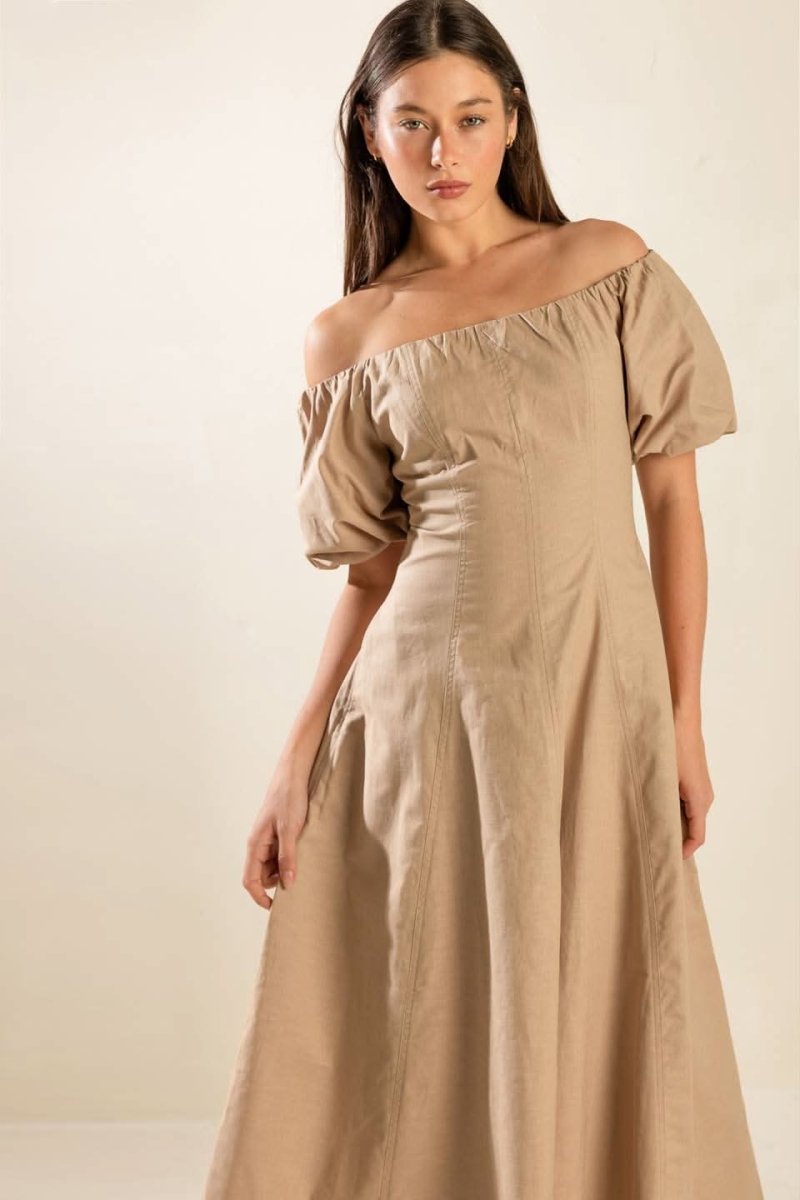 PROTECTING MY PEACE TAUPE WOVEN MIDI DRESS - Love Salve