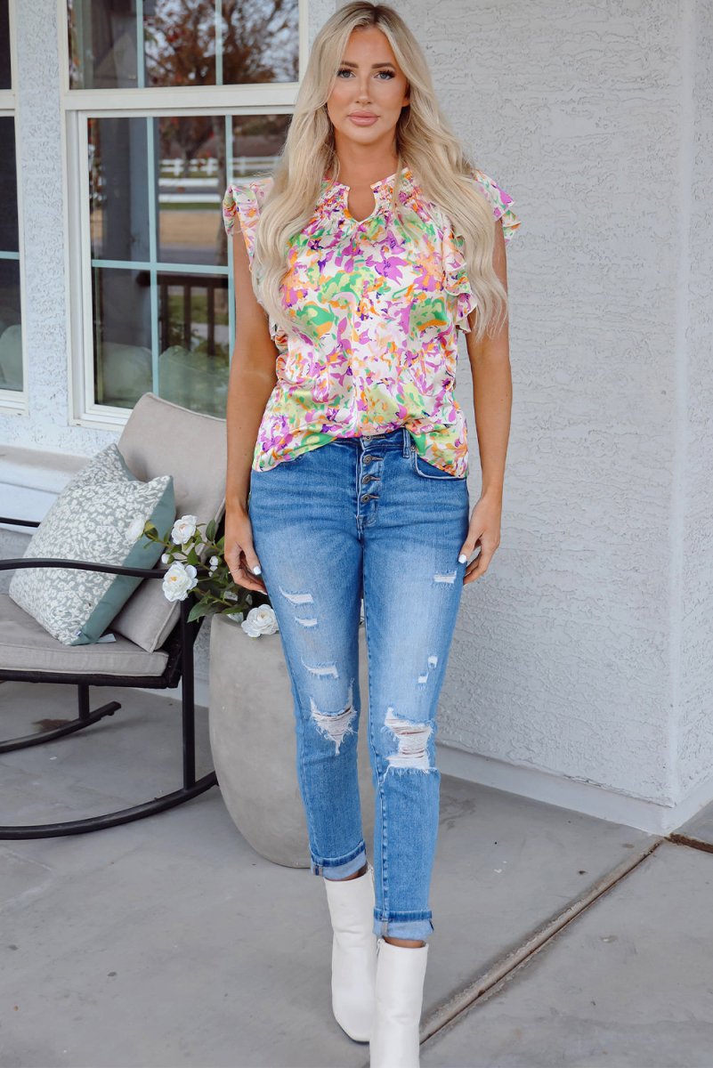 Purple Abstract Printed Ruffled Short Sleeve Notched Neck Blouse - Love Salve