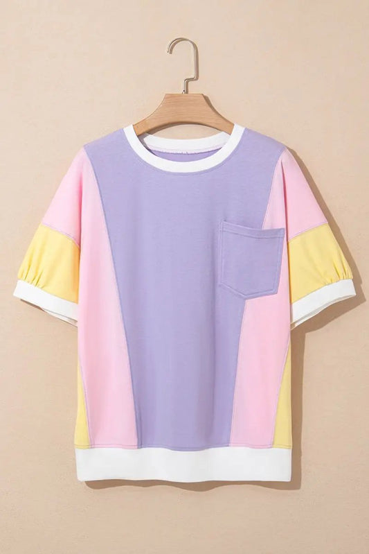 Purple Color Block Patchwork Half Sleeve Oversized T Shirt - Love Salve