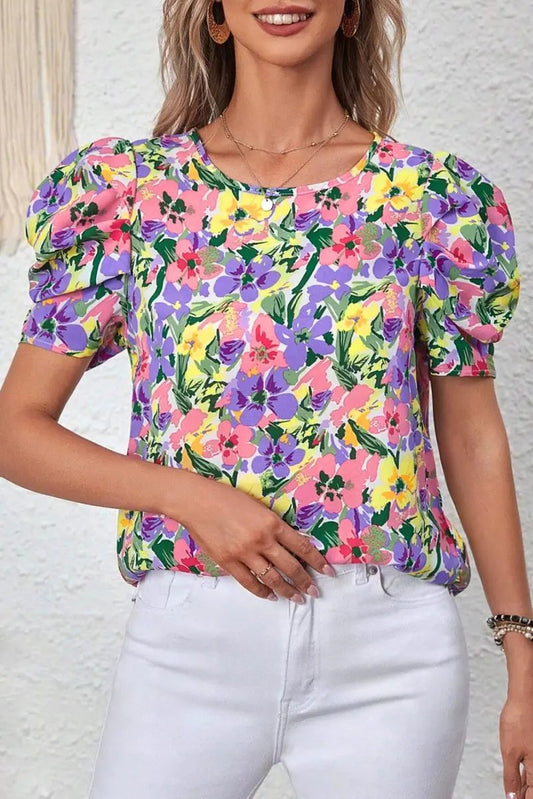 Purple Floral Print Puff Short Sleeve Crew Neck Blouse - Love Salve