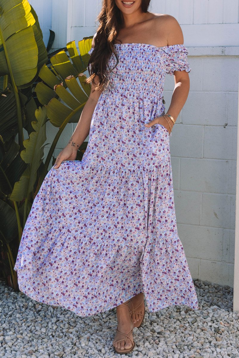 Purple Floral Short Bubble Sleeve Shirred High Waist Maxi Dress - Love Salve