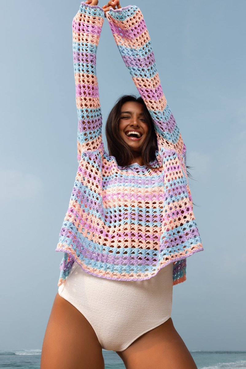 Purple Multi Stripe Open Knit Sweater Beach Cover Up - Love Salve
