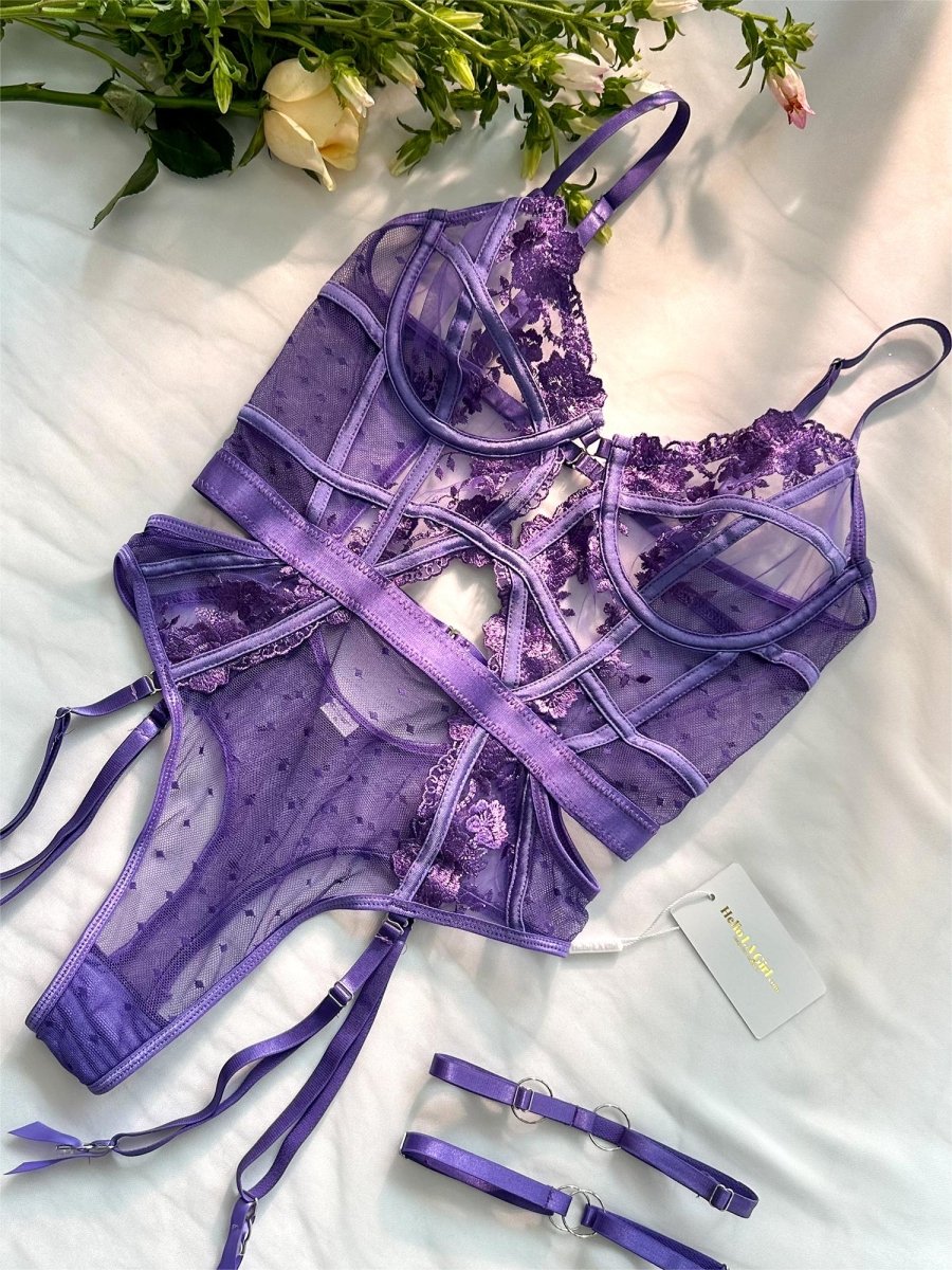 Purple Solid Elegant Embroidered Lace Bodysuit - Love Salve