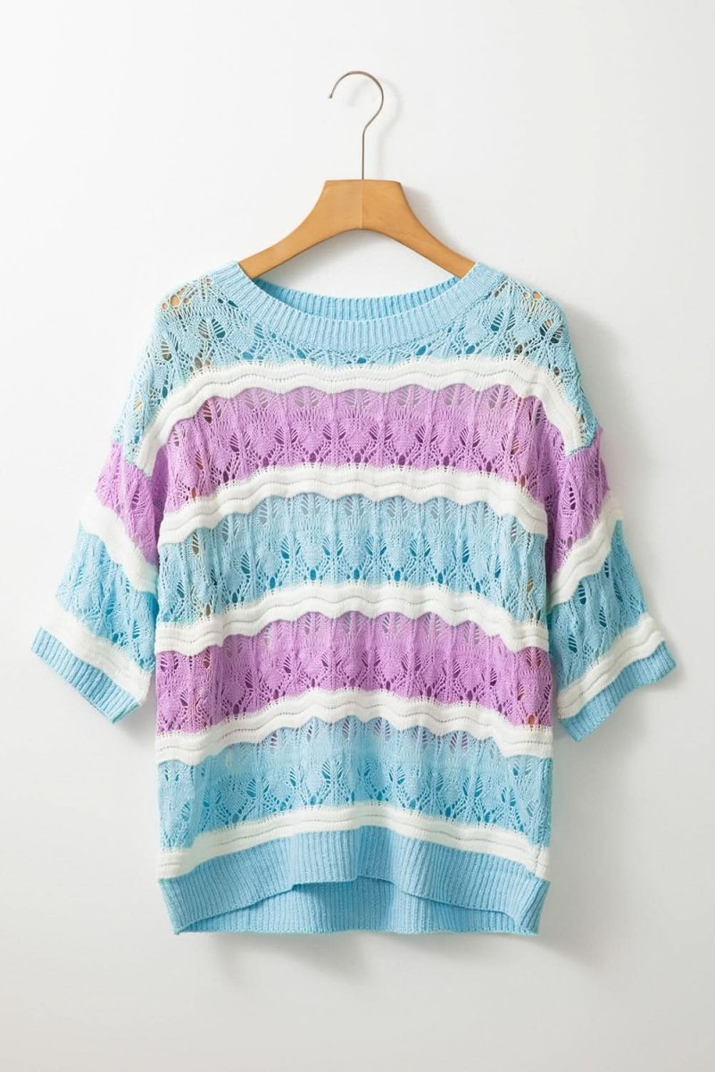 Purple Striped Crochet Color Block Half Sleeve Sweater - Love Salve