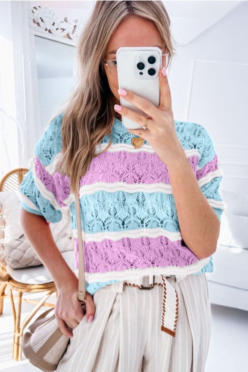 Purple Striped Crochet Color Block Half Sleeve Sweater - Love Salve