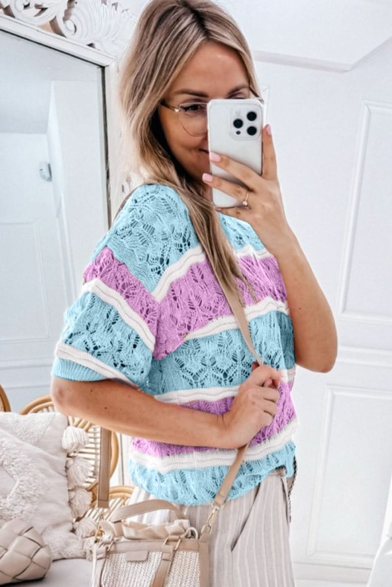Purple Striped Crochet Color Block Half Sleeve Sweater - Love Salve