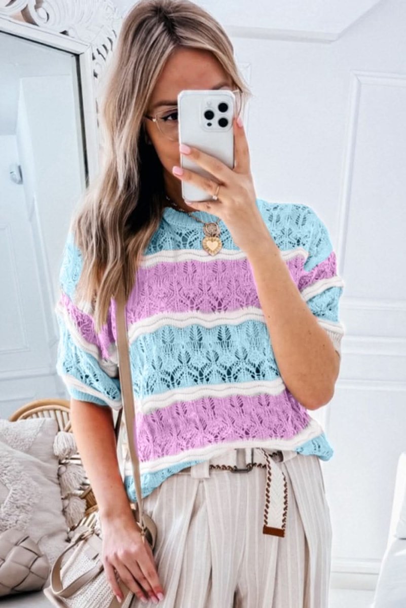 Purple Striped Crochet Color Block Half Sleeve Sweater - Love Salve