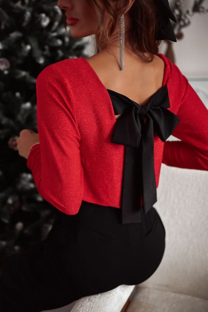 Racing Red Metallic Bowknot Open Back V Neck Top - Love Salve