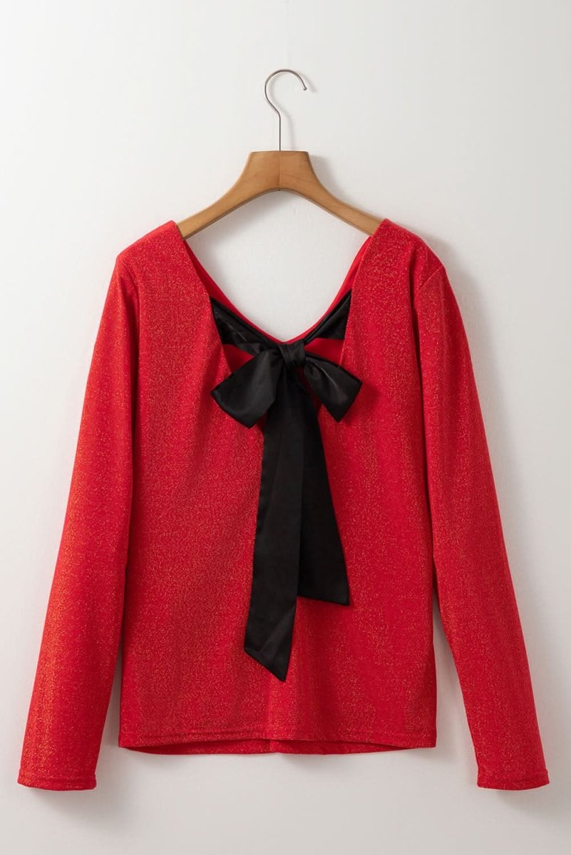 Racing Red Metallic Bowknot Open Back V Neck Top - Love Salve
