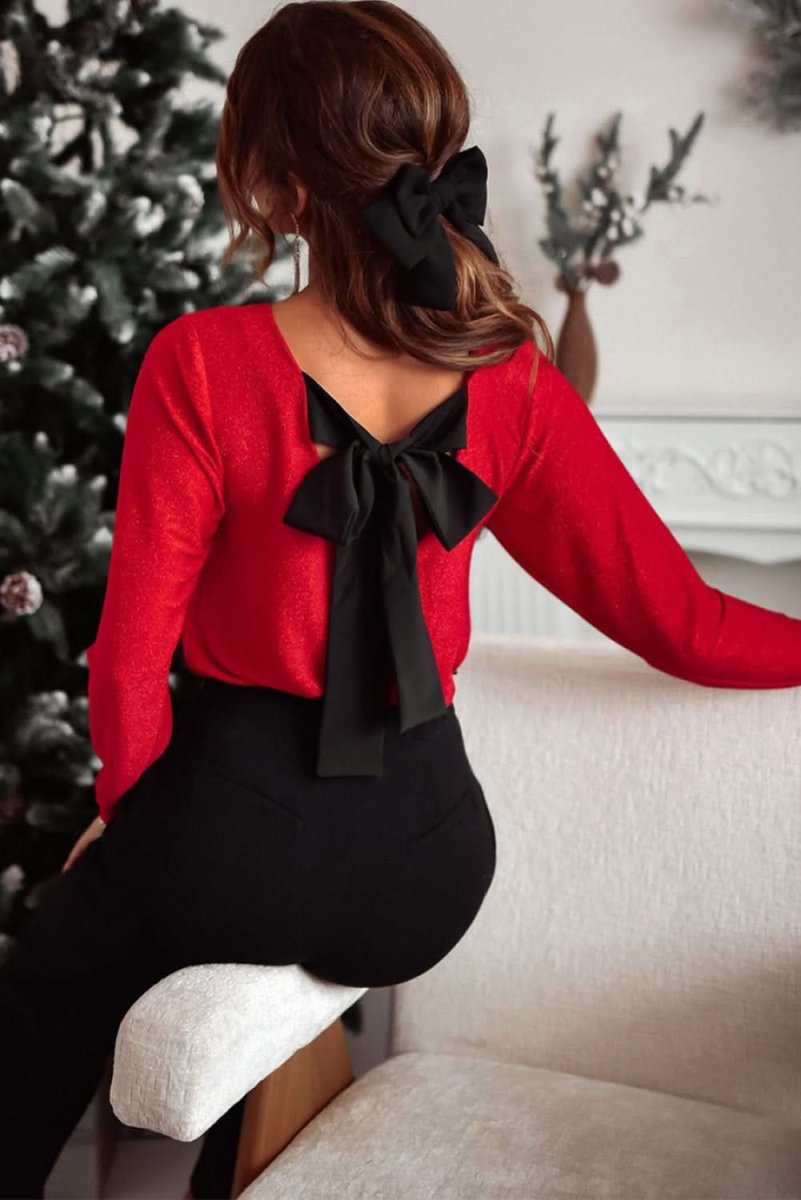 Racing Red Metallic Bowknot Open Back V Neck Top - Love Salve