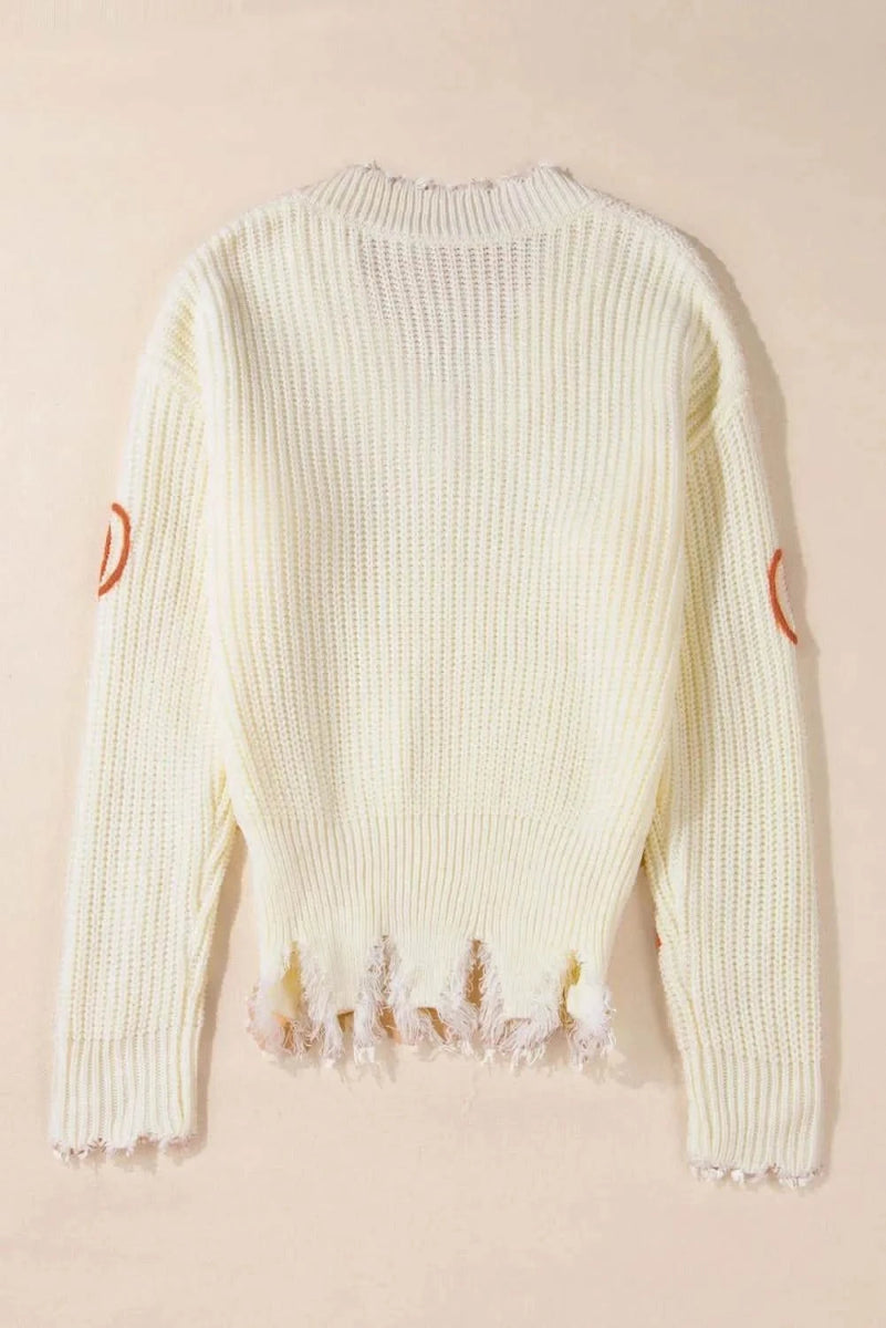 Raw Hem Pumpkin V-Neck Long Sleeve Sweater - Love Salve