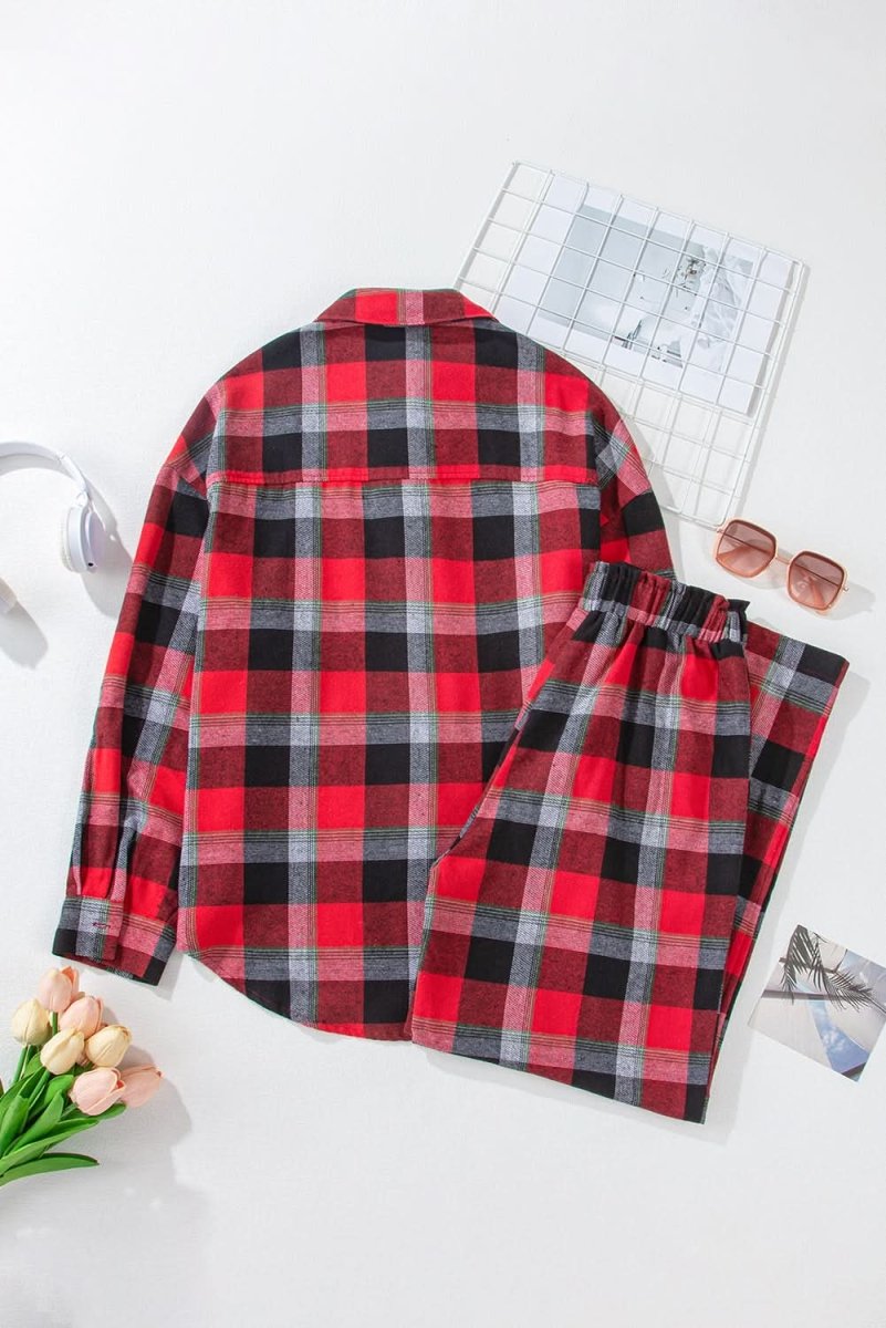 Red Christmas Checkered Pattern Loose Shirt and Pants Lounge Set - Love Salve
