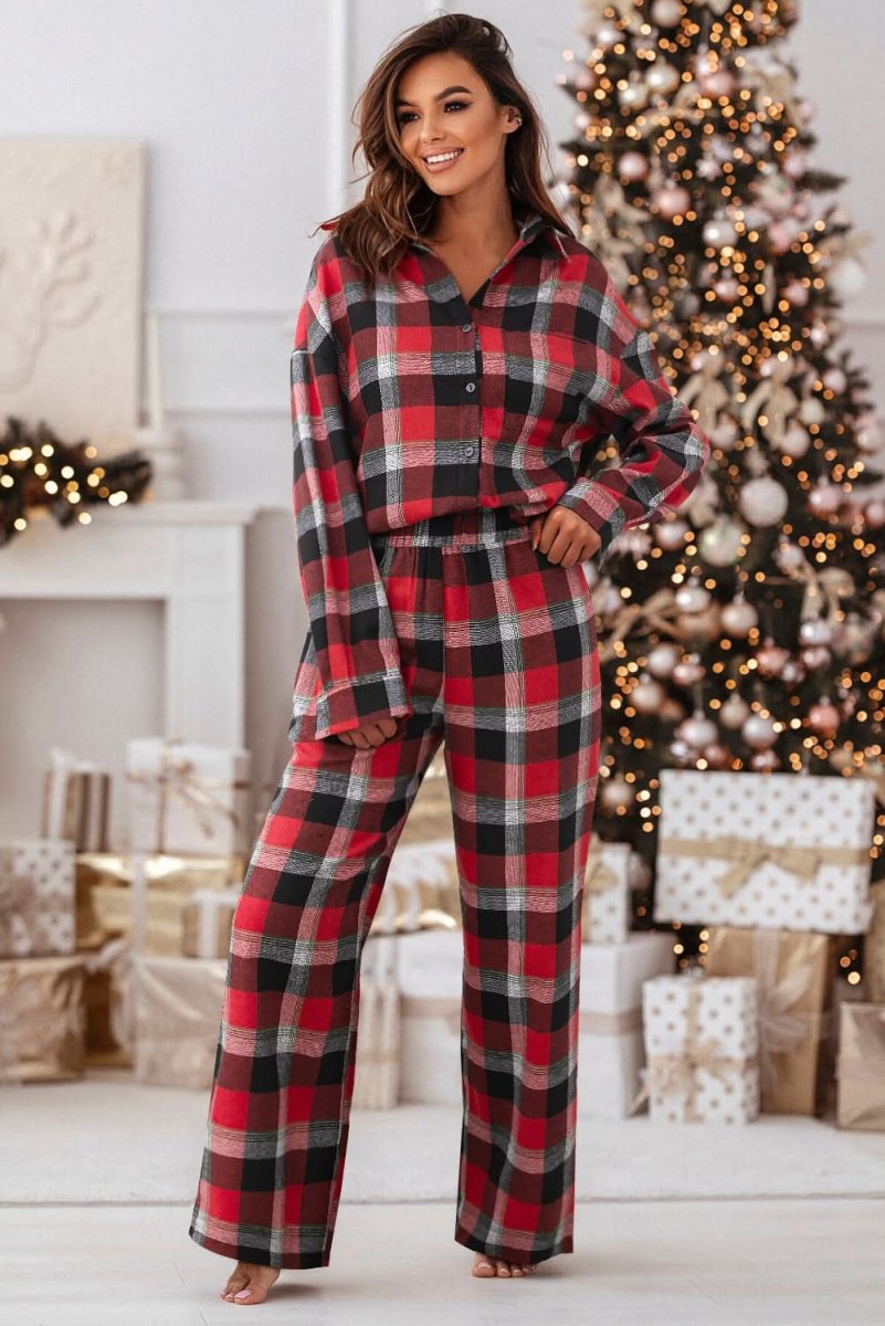 Red Christmas Checkered Pattern Loose Shirt and Pants Lounge Set - Love Salve