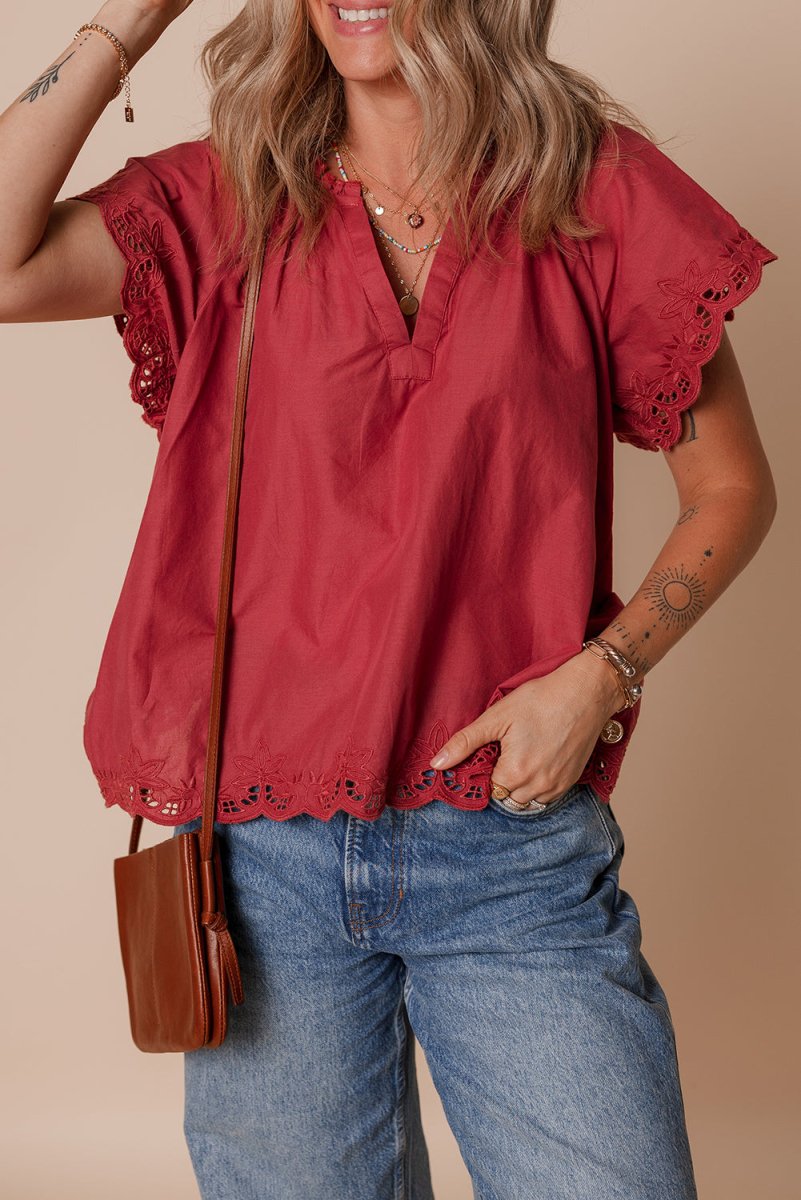 Red Dahlia Floral Embroidered Scallop Trim Short Sleeve Blouse - Love Salve