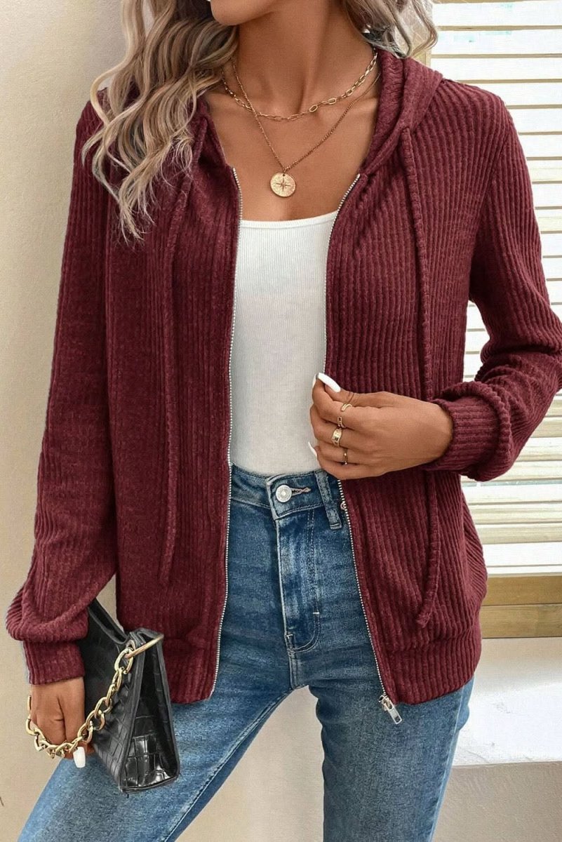 Red Dahlia Ribbed Zip Up Front Drawstring Hoodie - Love Salve