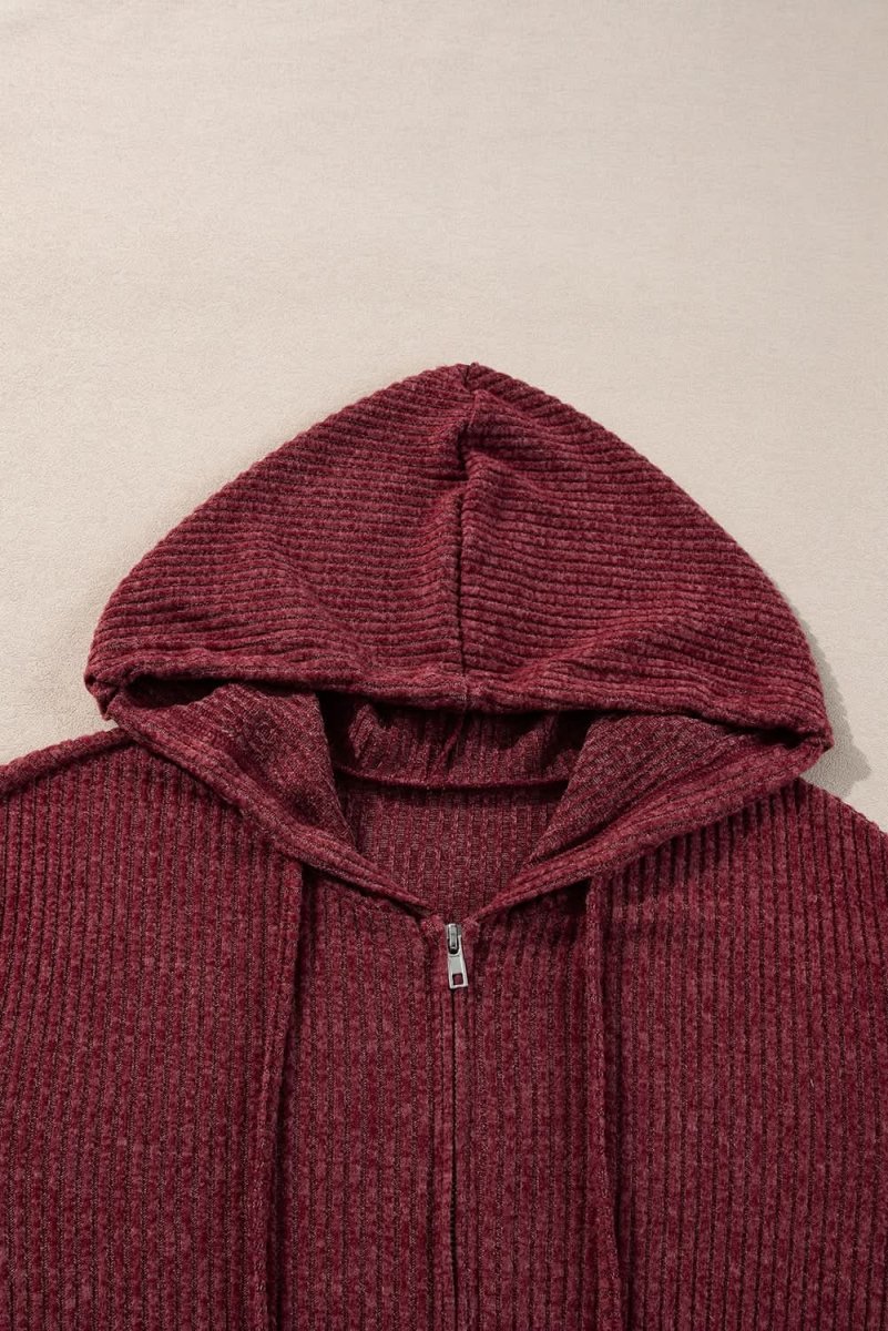 Red Dahlia Ribbed Zip Up Front Drawstring Hoodie - Love Salve