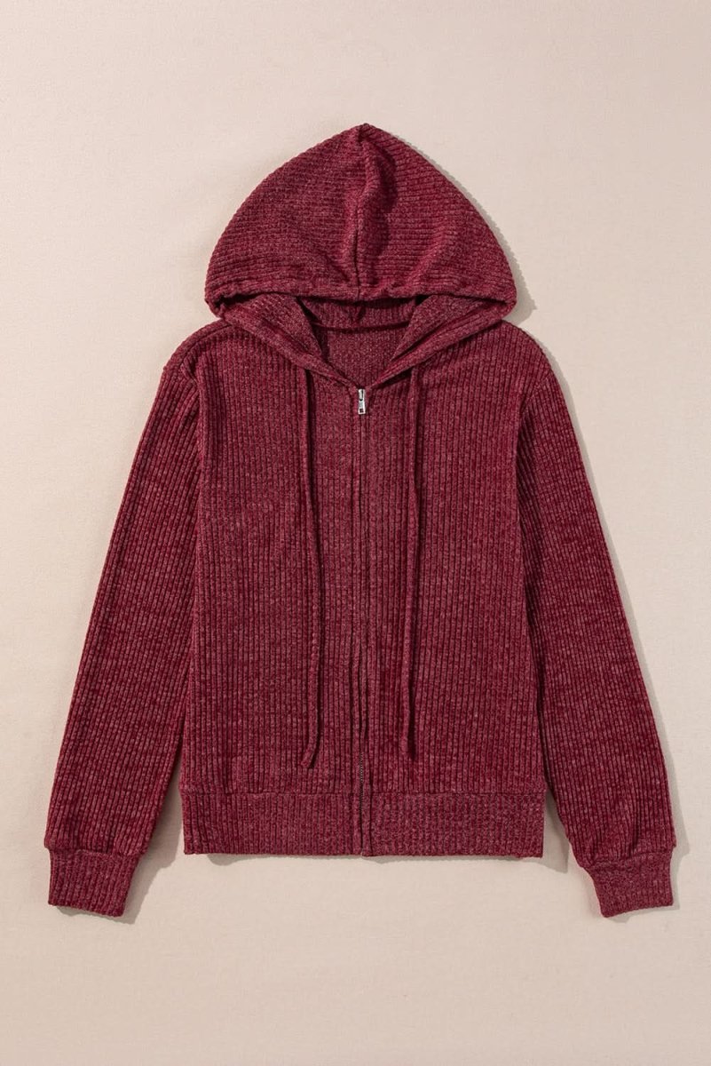 Red Dahlia Ribbed Zip Up Front Drawstring Hoodie - Love Salve