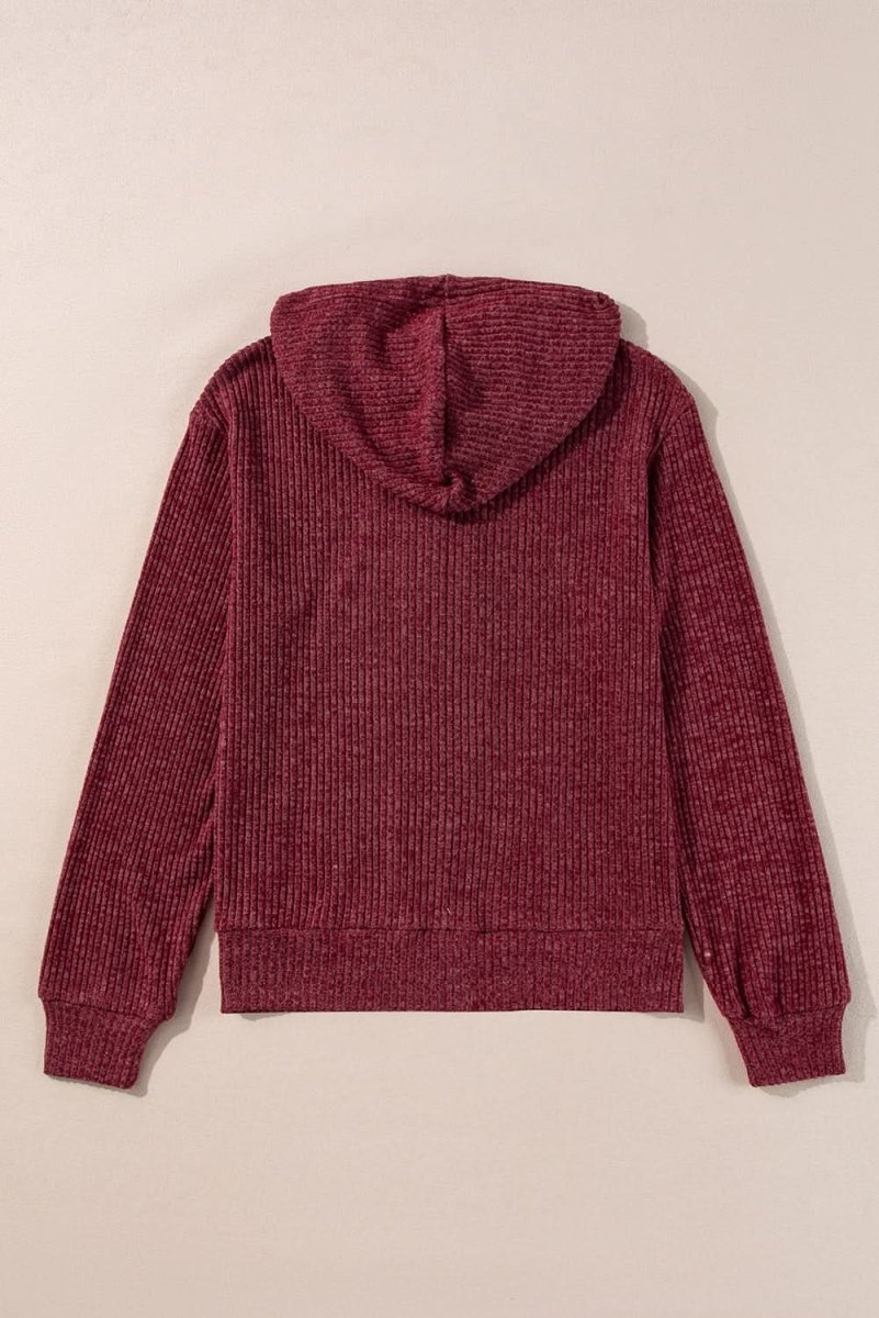 Red Dahlia Ribbed Zip Up Front Drawstring Hoodie - Love Salve