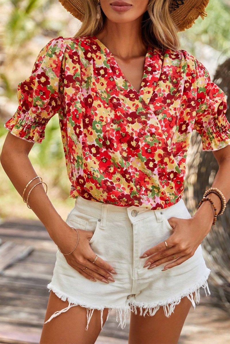 Red Floral Bubble Sleeve Pleated V Neck Wrap Blouse for Women - Love Salve