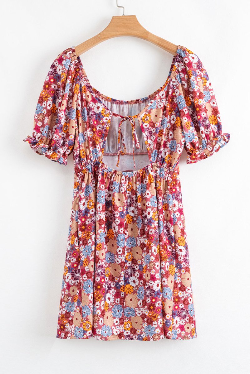 Red Floral Puff Sleeve Square Neck Knot Open Back Mini Dress - Love Salve