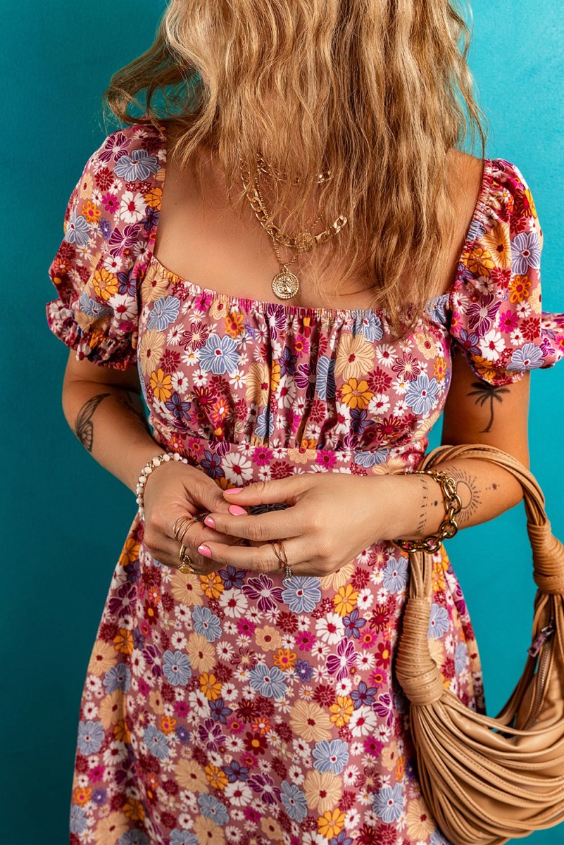 Red Floral Puff Sleeve Square Neck Knot Open Back Mini Dress - Love Salve