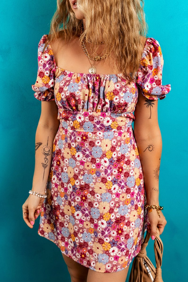 Red Floral Puff Sleeve Square Neck Knot Open Back Mini Dress - Love Salve