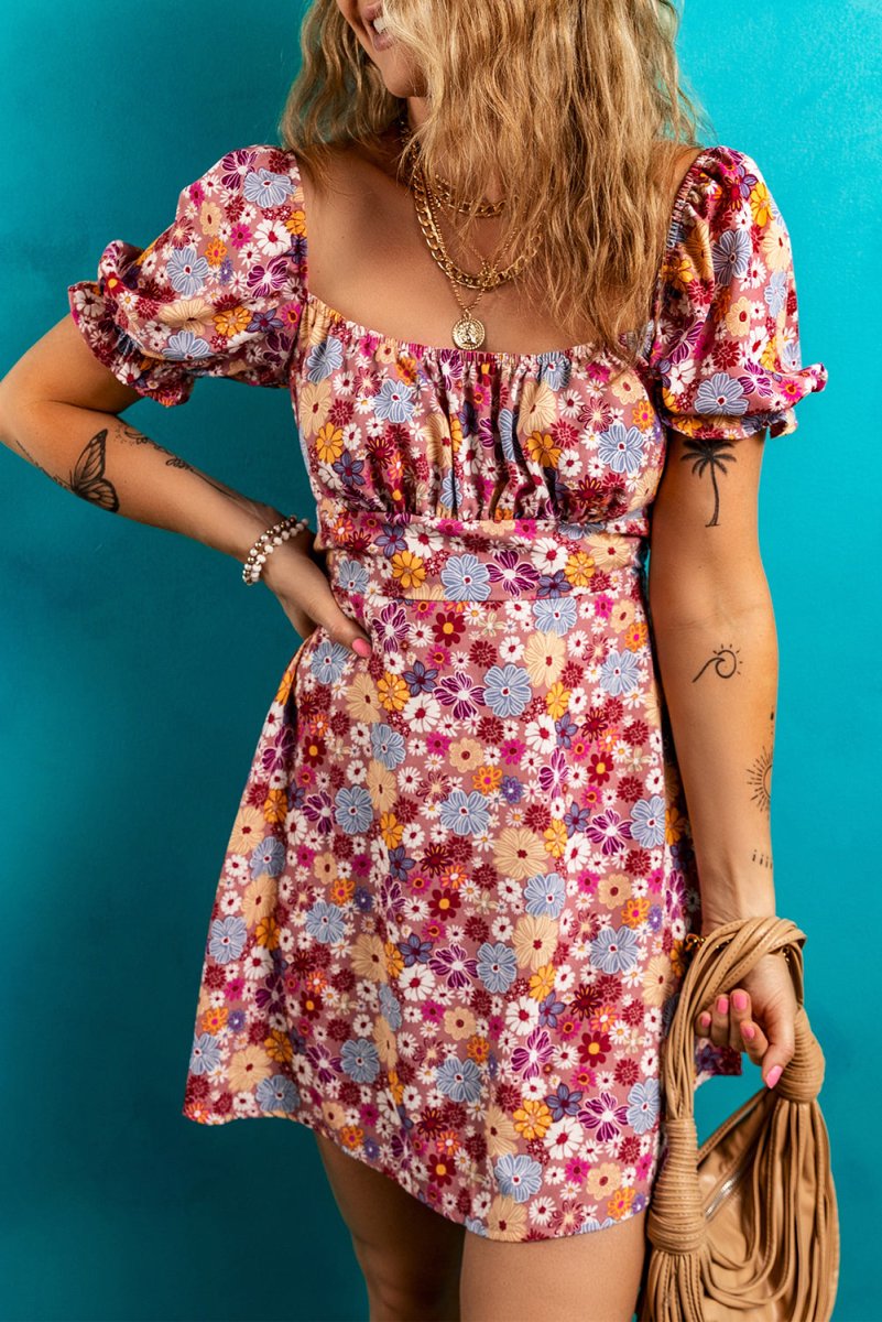 Red Floral Puff Sleeve Square Neck Knot Open Back Mini Dress - Love Salve