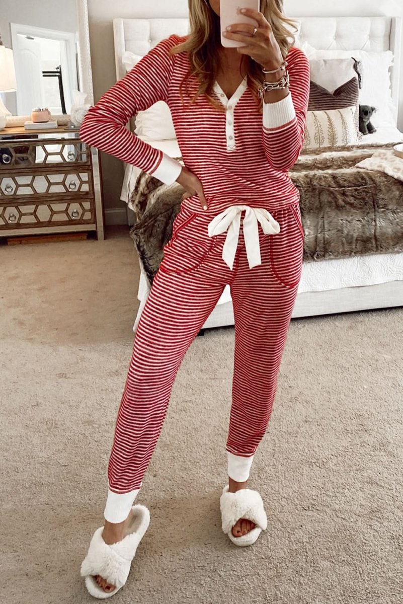 Red Stripe Buttoned V Neck Top and Knotted Waist Pants Lounge Set - Love Salve