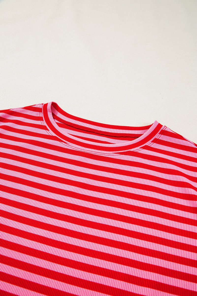Red Stripe Ribbed Cap Sleeve Round Neck T Shirt for Women - Love Salve