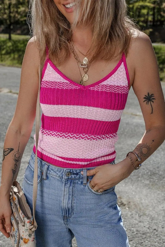 Red Stripe Spaghetti Strap V Neck Sweater Vest for Women - Love Salve