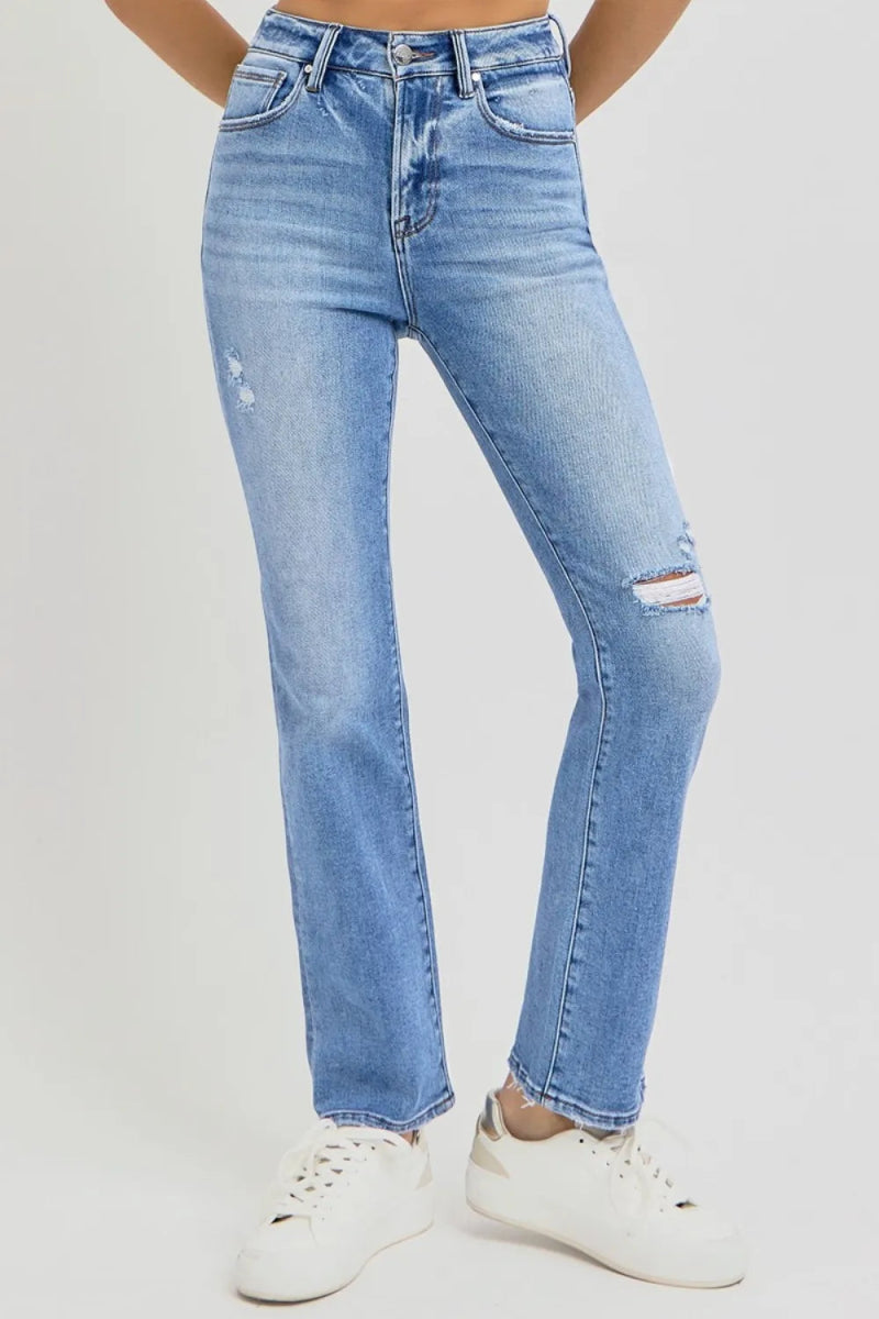 RISEN Full Size Distressed High - Rise Ankle Straight Jeans - Love Salve
