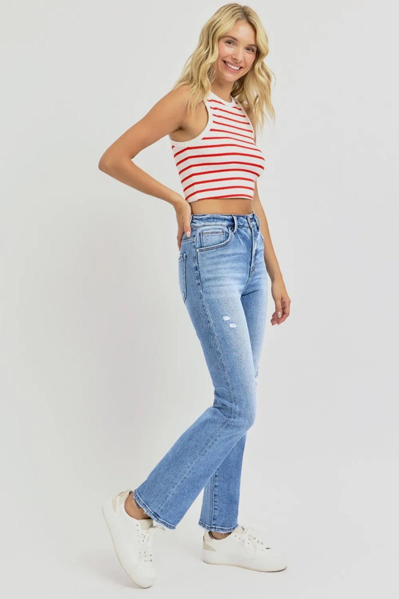 RISEN Full Size Distressed High - Rise Ankle Straight Jeans - Love Salve