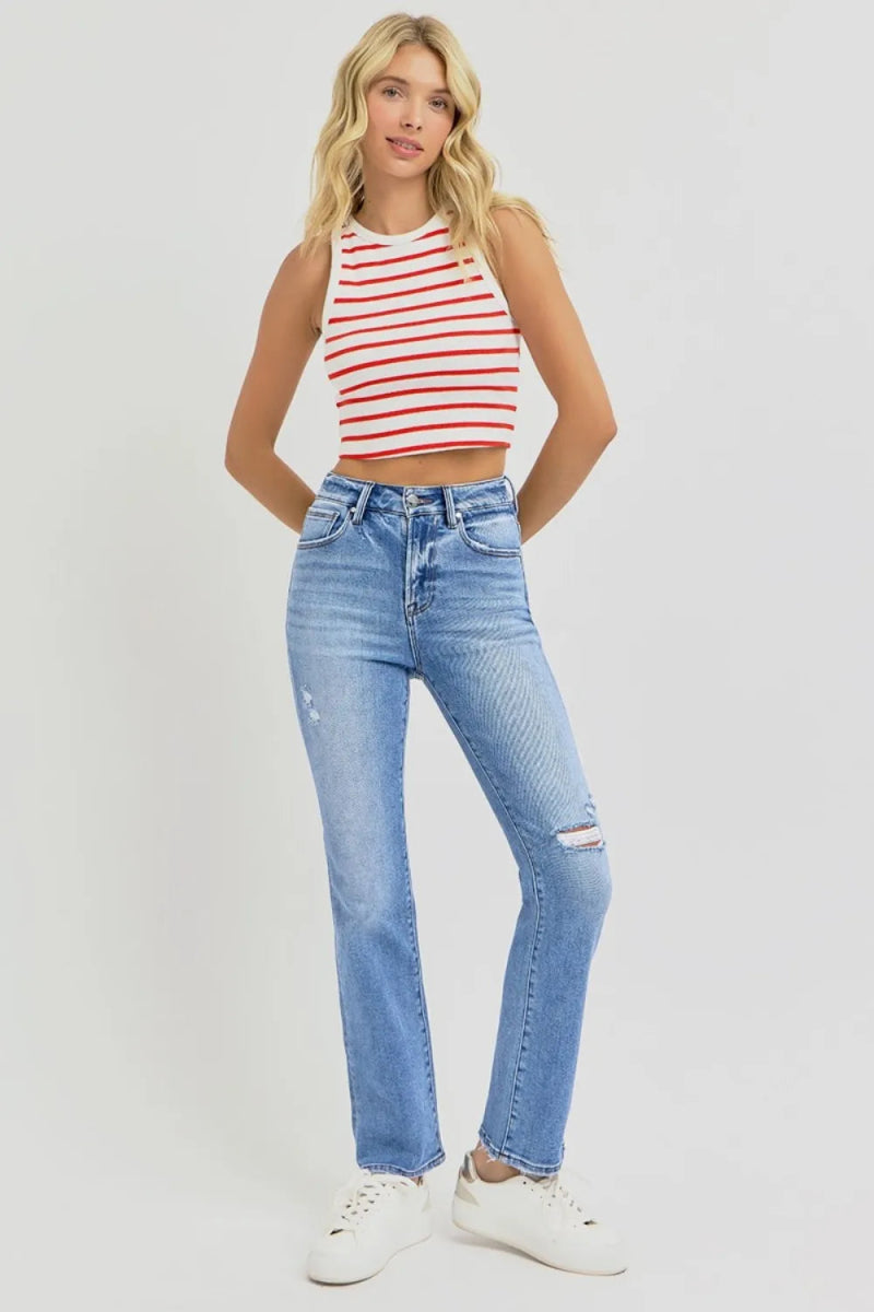 RISEN Full Size Distressed High - Rise Ankle Straight Jeans - Love Salve