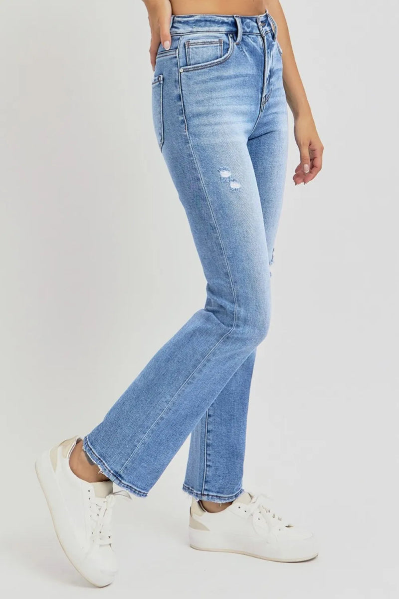 RISEN Full Size Distressed High - Rise Ankle Straight Jeans - Love Salve