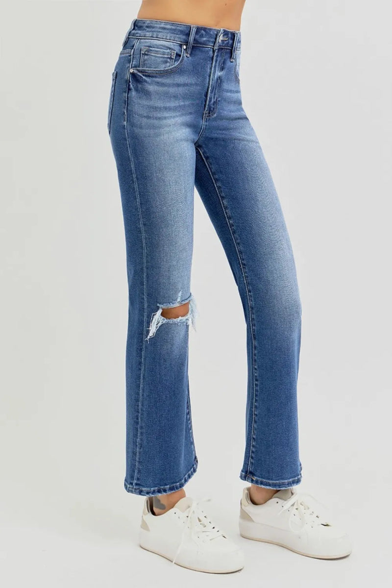 RISEN Full Size Distressed High Rise Crop Flare Jeans - Love Salve