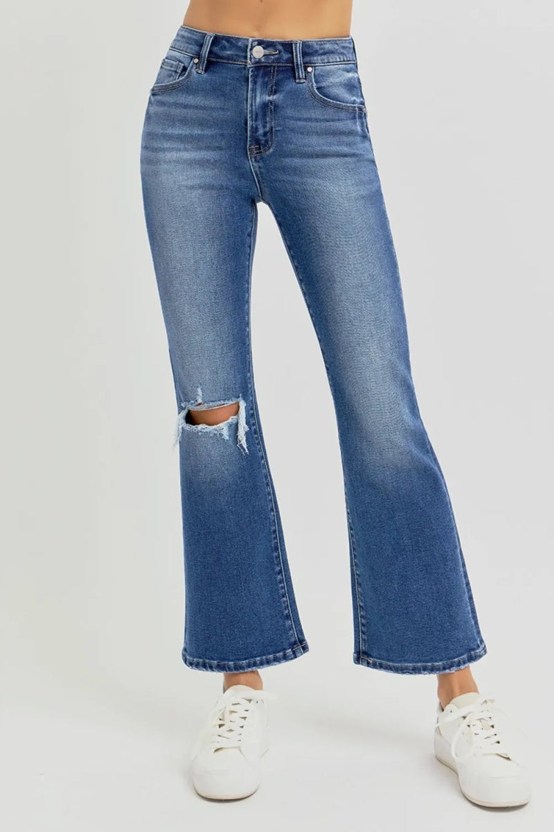 RISEN Full Size Distressed High Rise Crop Flare Jeans - Love Salve