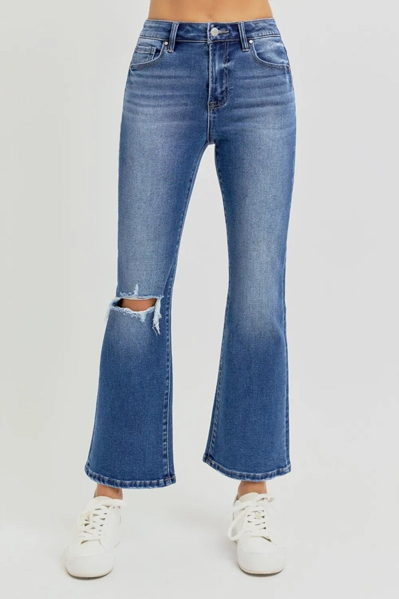 RISEN Full Size Distressed High Rise Crop Flare Jeans - Love Salve