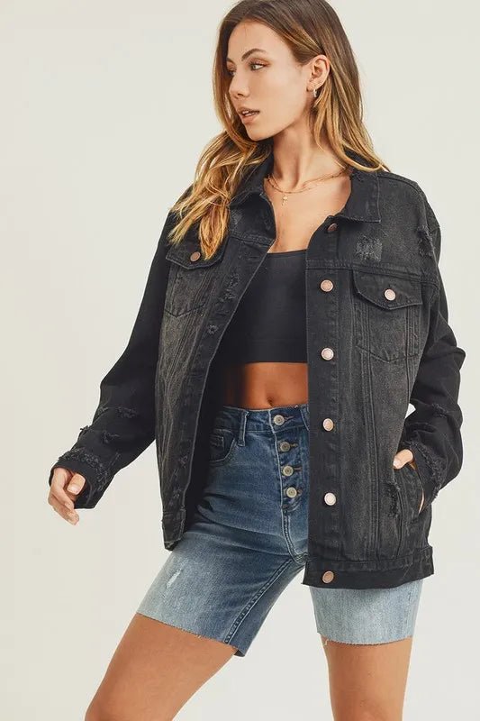RISEN Full Size Distressed Long Sleeve Denim Jacket for Women - Love Salve