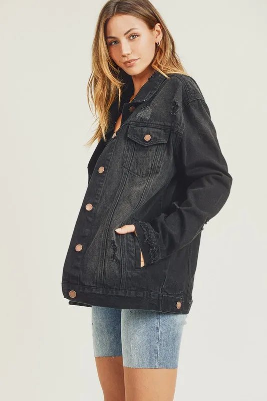 RISEN Full Size Distressed Long Sleeve Denim Jacket for Women - Love Salve