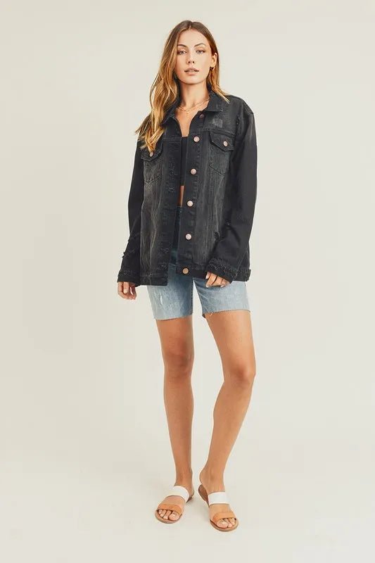 RISEN Full Size Distressed Long Sleeve Denim Jacket for Women - Love Salve