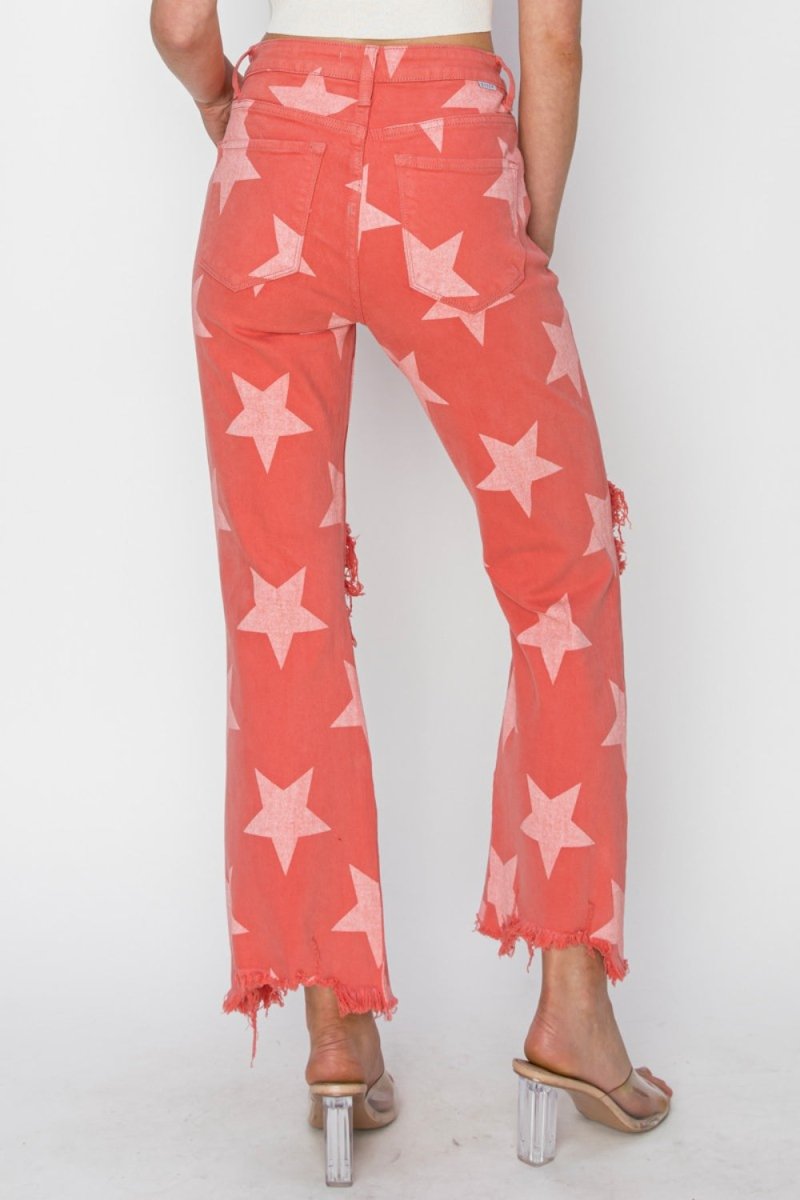 RISEN Full Size Distressed Raw Hem Star Pattern Jeans - Love Salve