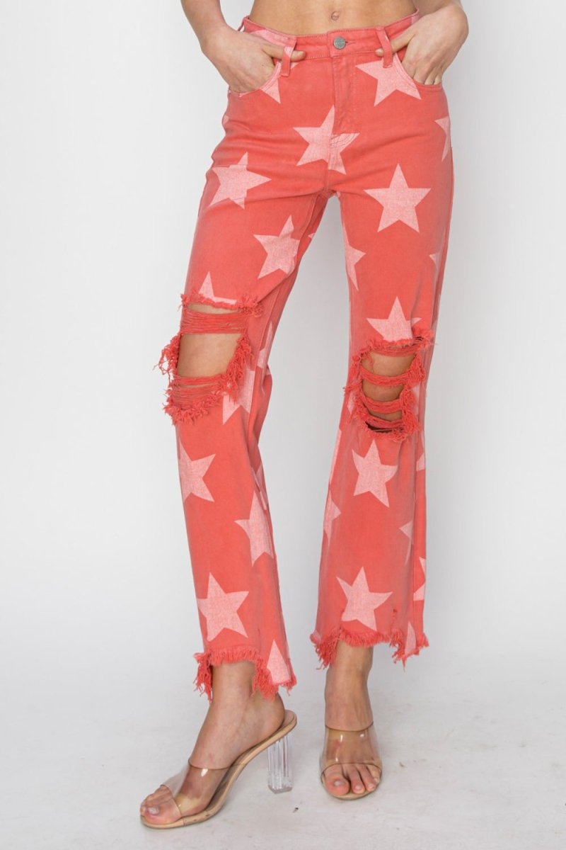 RISEN Full Size Distressed Raw Hem Star Pattern Jeans - Love Salve