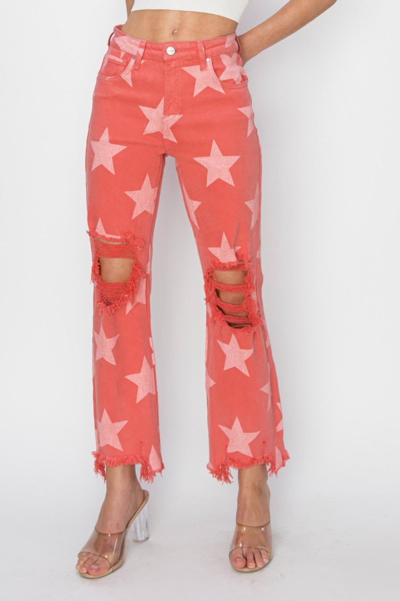 RISEN Full Size Distressed Raw Hem Star Pattern Jeans - Love Salve