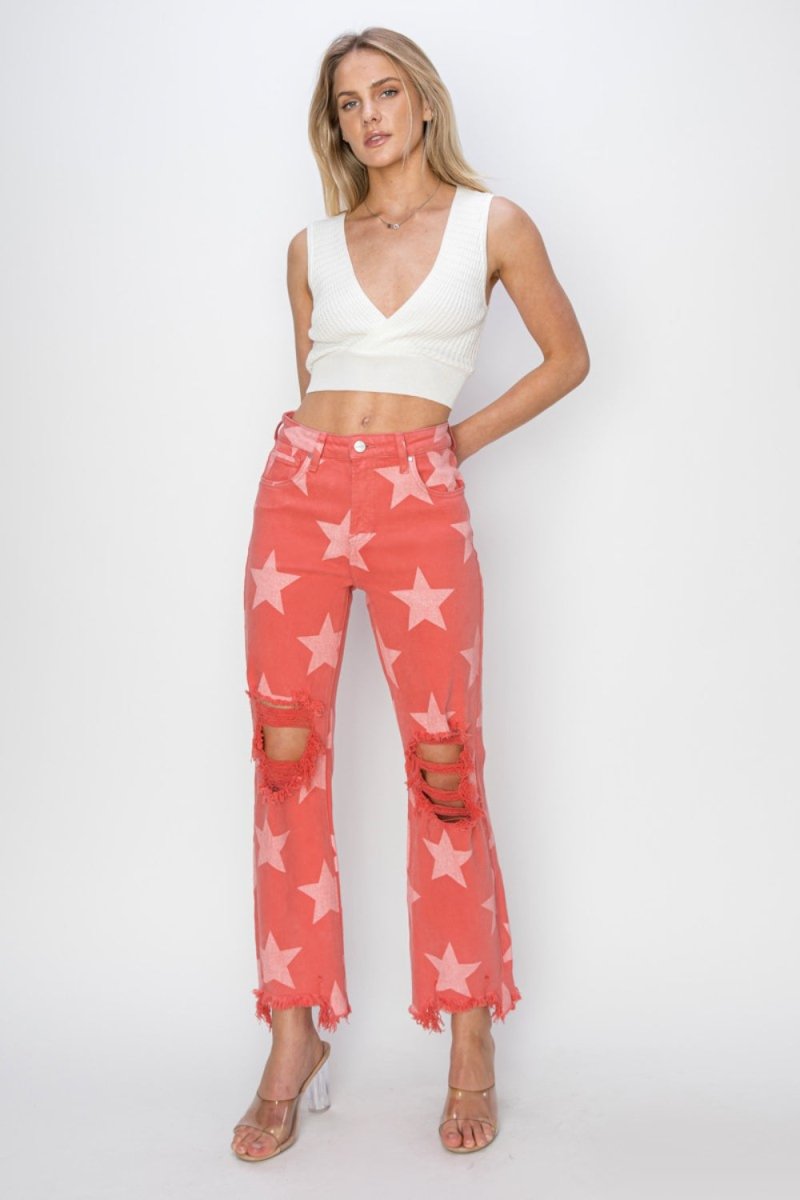RISEN Full Size Distressed Raw Hem Star Pattern Jeans - Love Salve