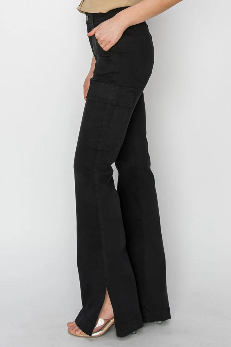 RISEN Full Size High Rise Side Slit Cargo Bootcut Jeans - Love Salve
