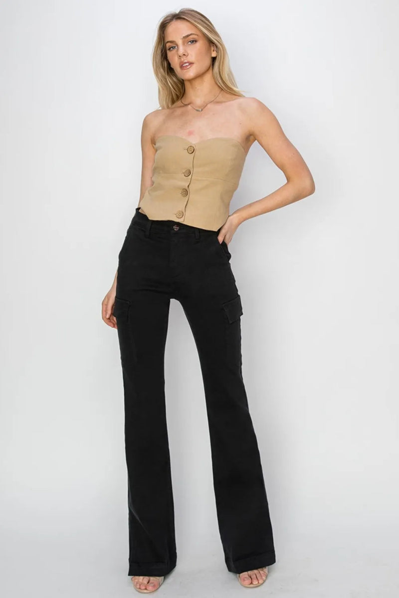 RISEN Full Size High Rise Side Slit Cargo Bootcut Jeans - Love Salve