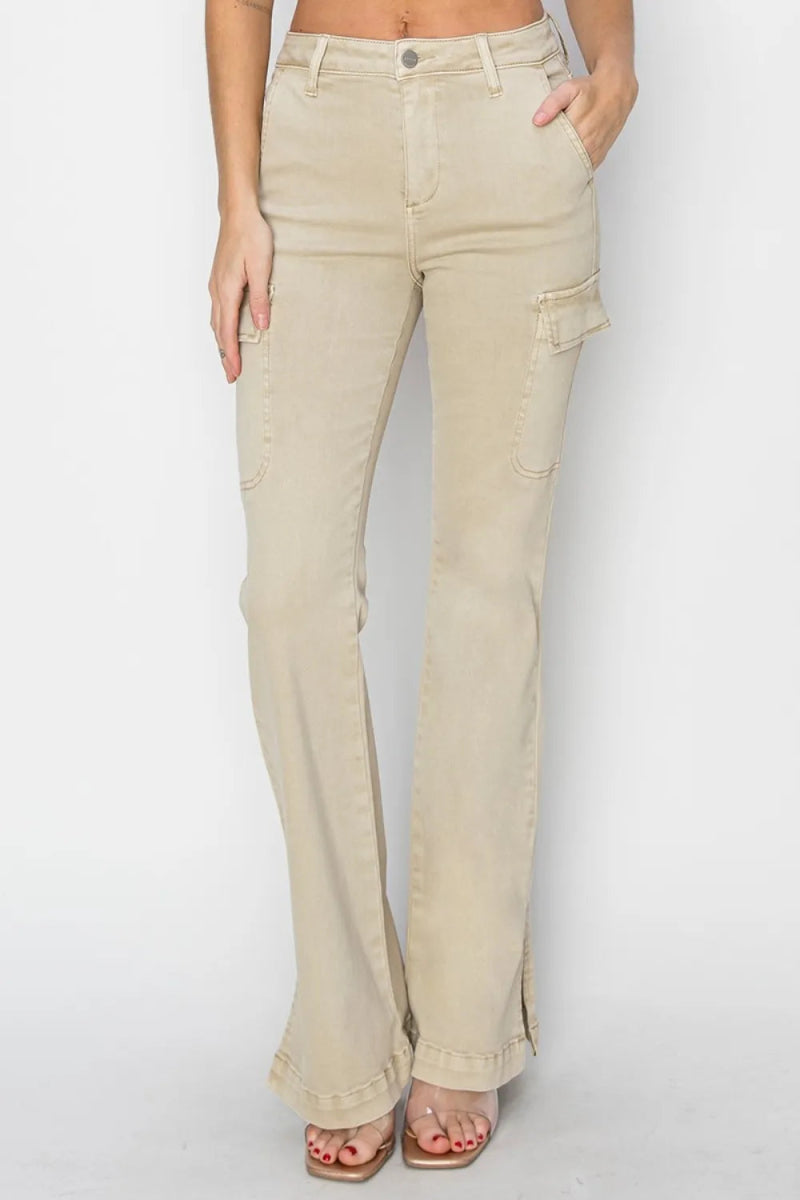 RISEN Full Size High Rise Side Slit Cargo Bootcut Jeans - Love Salve