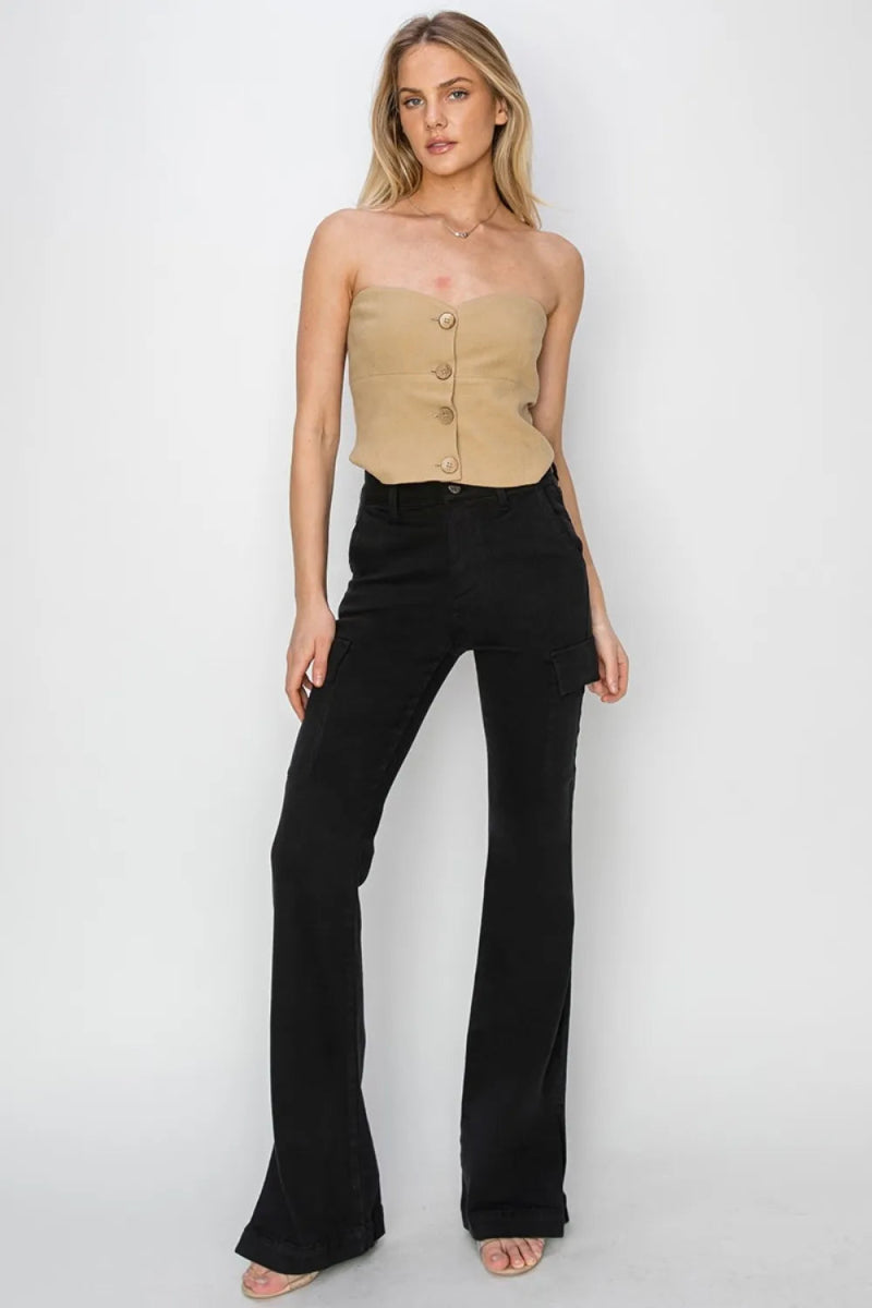 RISEN Full Size High Rise Side Slit Cargo Bootcut Jeans - Love Salve