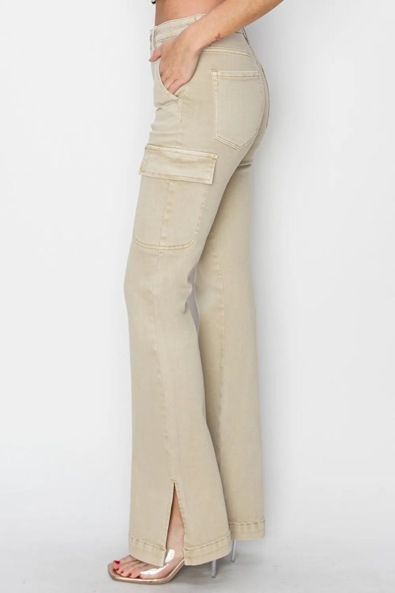 RISEN Full Size High Rise Side Slit Cargo Bootcut Jeans - Love Salve