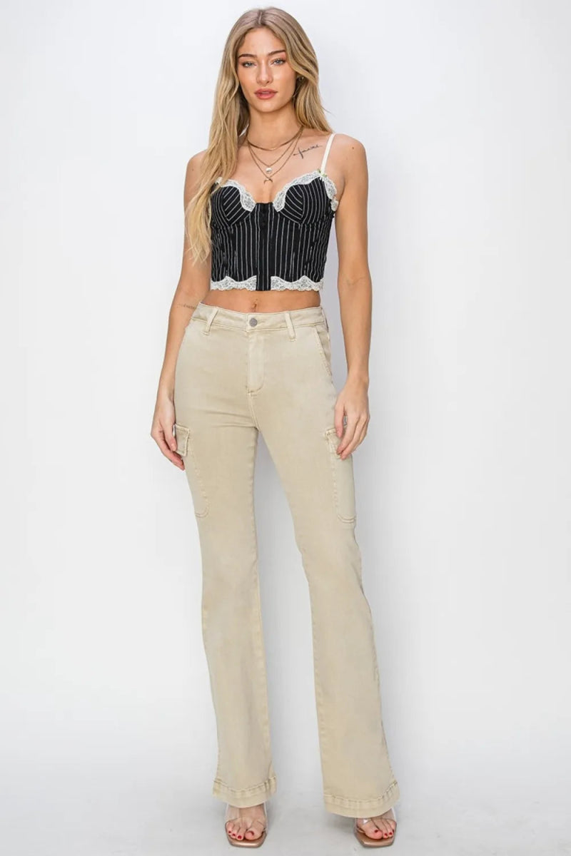 RISEN Full Size High Rise Side Slit Cargo Bootcut Jeans - Love Salve